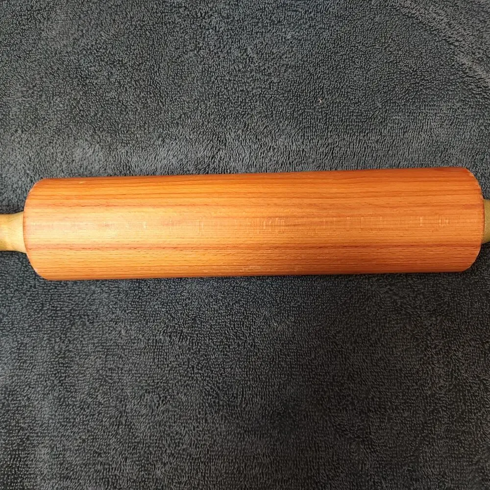 Vintage Hardwood Rolling Pin w/Green Grooved Turning Handles Circa 1950s-1960s